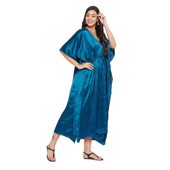 Womens Kaftan Dresses Solid Satin Drawstring Maxi Plus Size Dress for Nighty - Picture 6 of 10